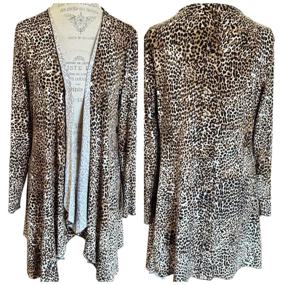 Carmen Marc Valvo Open Front Leopard Print Cardigan Medium Black Tan Cream